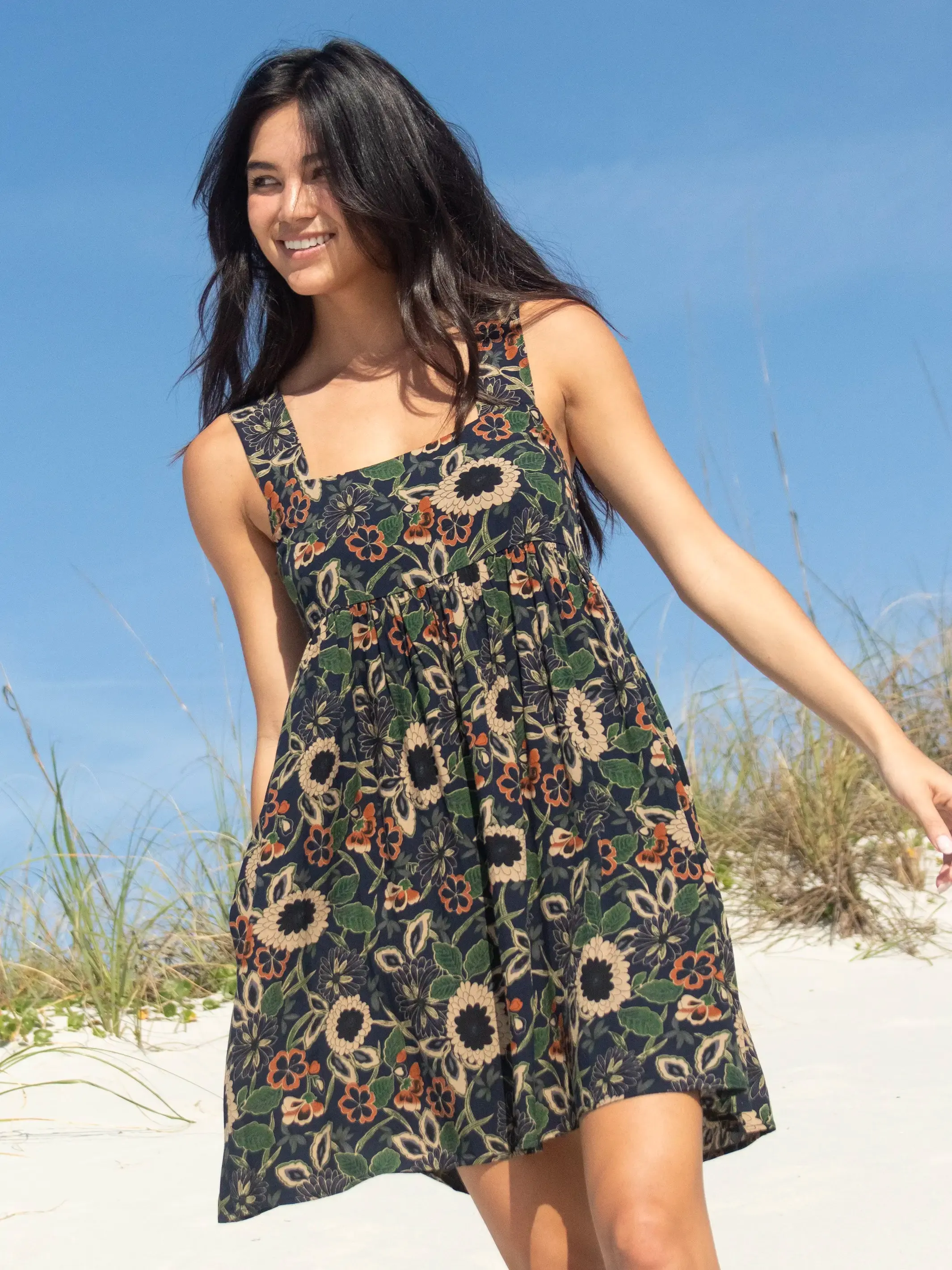 Tricia Mini Dress - Navy Tan Dahlias sold by NATURAL LIFE
