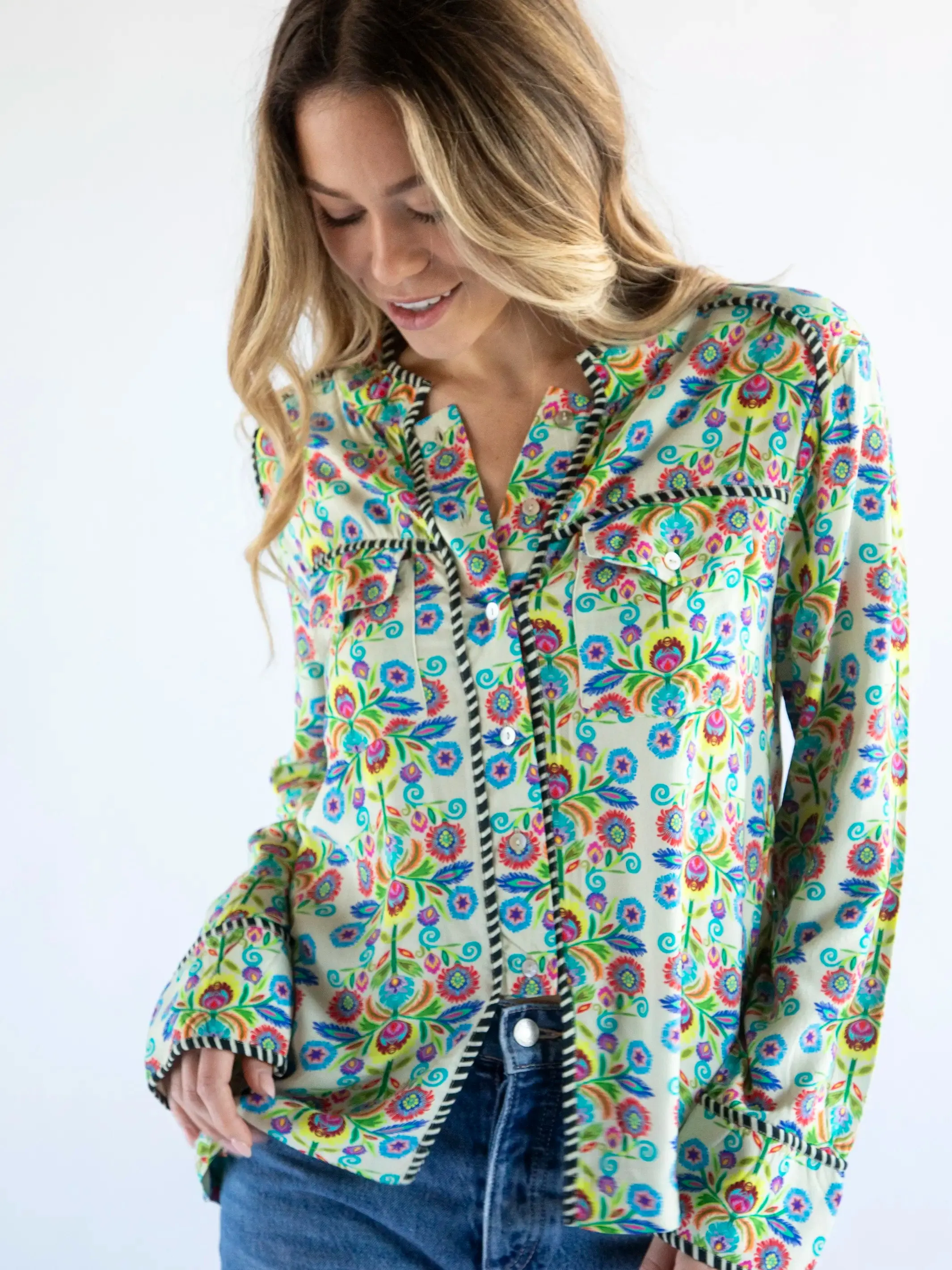 Calypso Button Down - Cream Multi Fan Floral sold by NATURAL LIFE