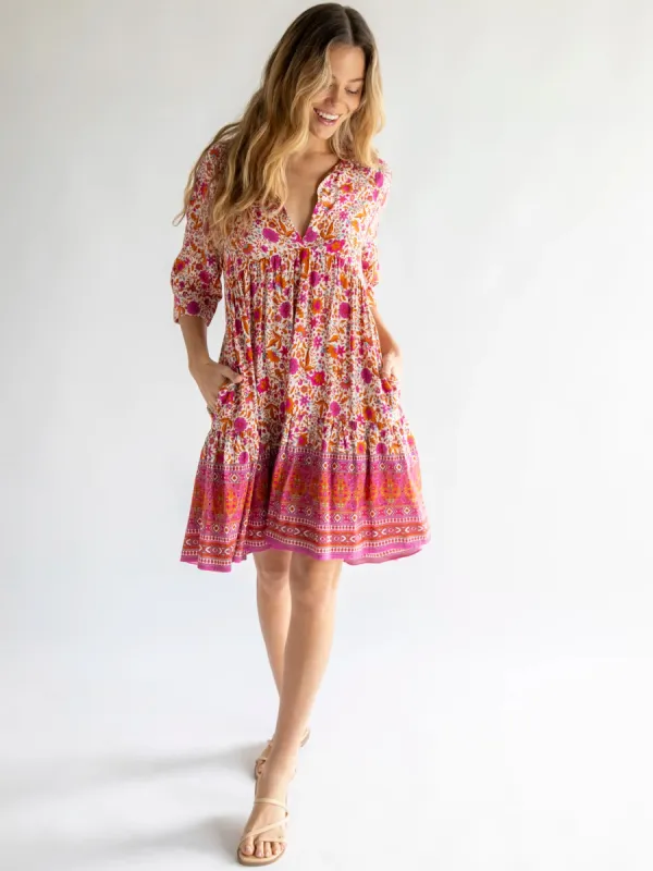Becca Mini Dress - Cream Pink Floral Border sold by NATURAL LIFE