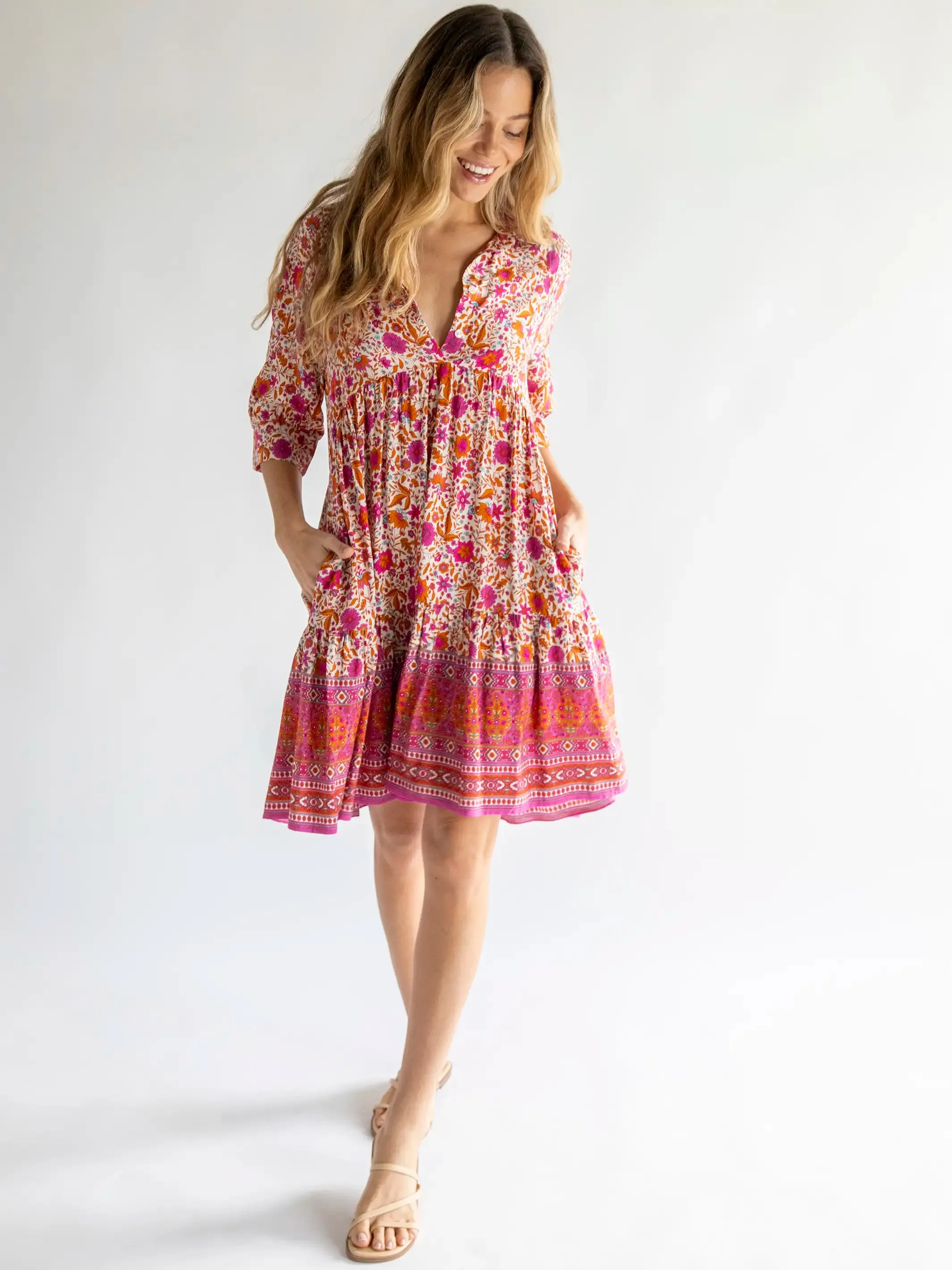 Becca Mini Dress - Cream Pink Floral Border sold by NATURAL LIFE
