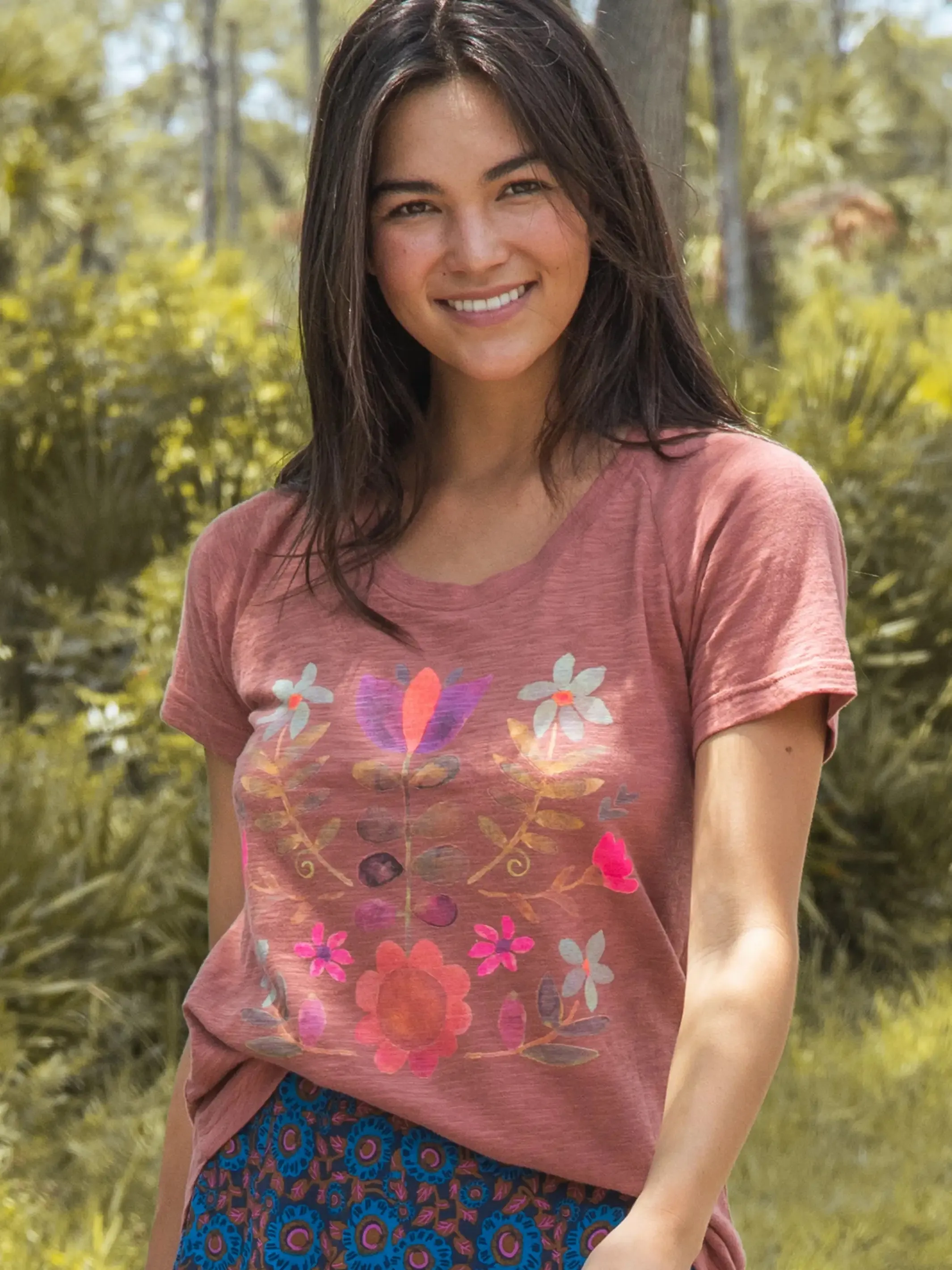 Boho Cotton Tee Shirt - Rust Folk Flower sold by NATURAL LIFE