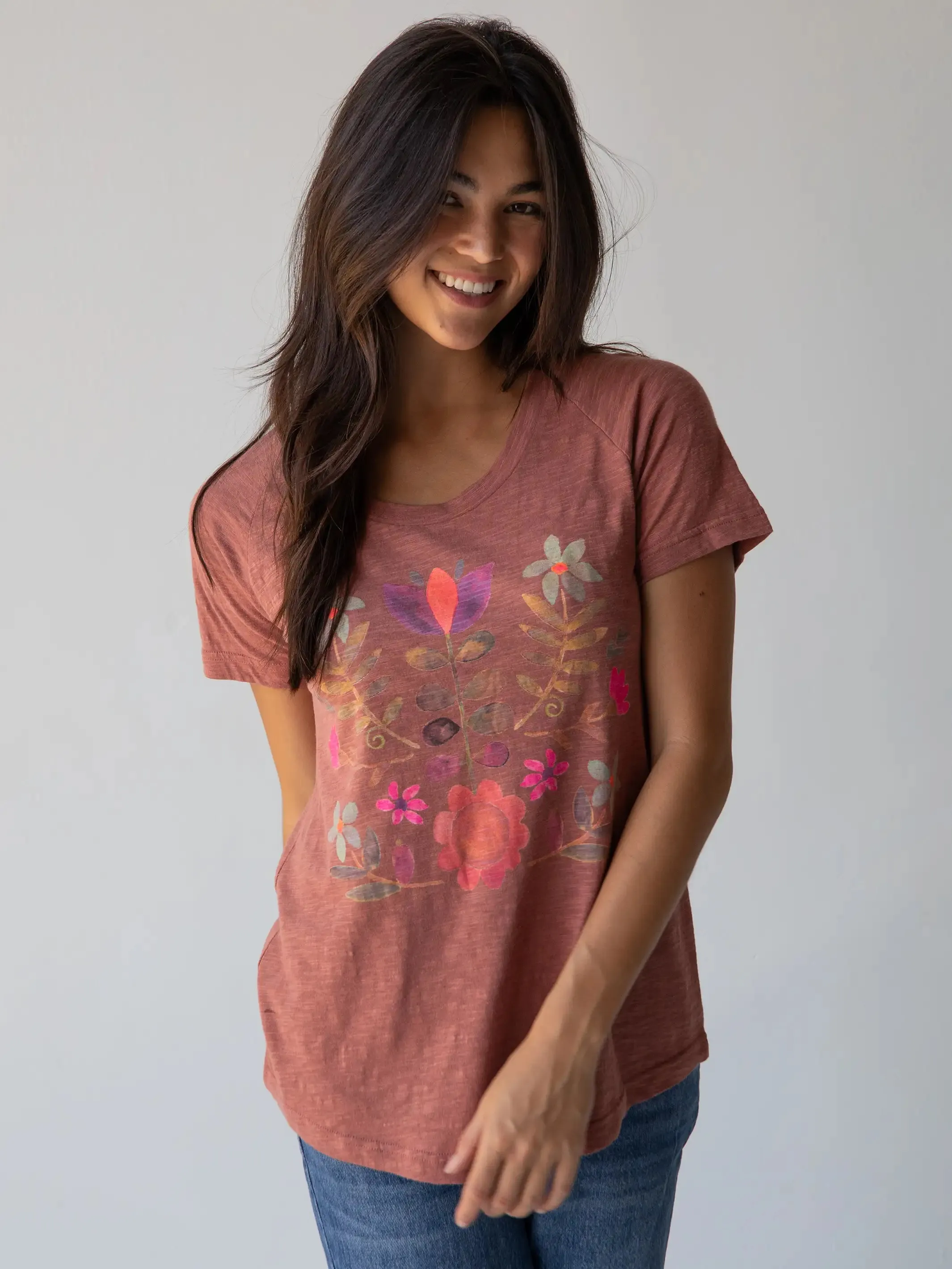 Boho Cotton Tee Shirt - Rust Folk Flower sold by NATURAL LIFE product image thumbnail 2
