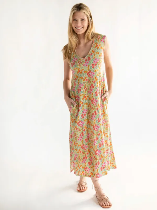 Hangout Printed Knit Midi Dress - Mustard Coral Floral sold by NATURAL LIFE