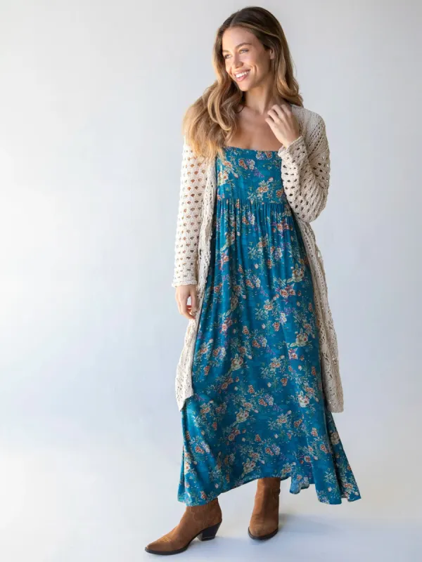 Patti Side Slit Maxi Dress - Turquoise Cream Roses sold by NATURAL LIFE