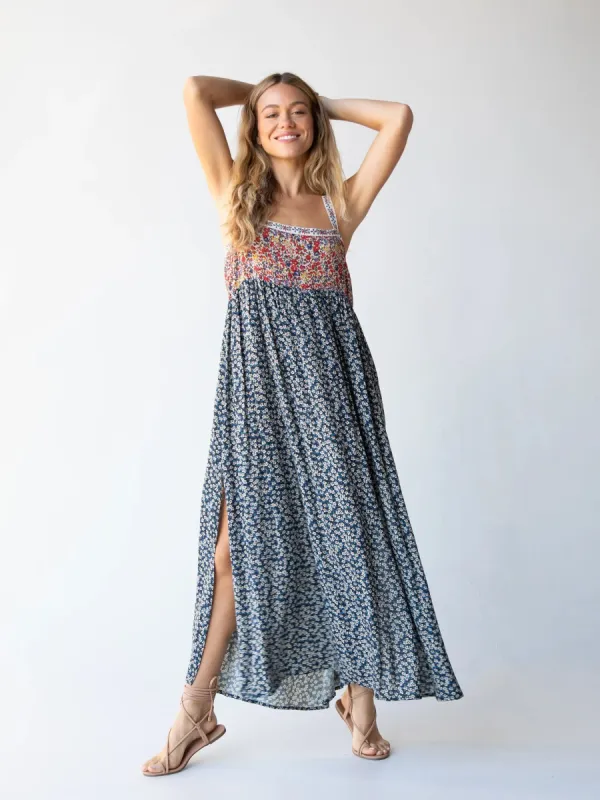 Patti Side Slit Maxi Dress - Red Blue Calico sold by NATURAL LIFE