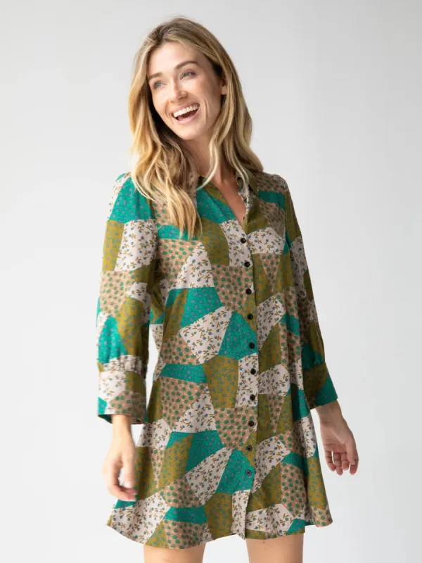 Twiggy Mini Shirt Dress - Green Floral Patchwork sold by NATURAL LIFE
