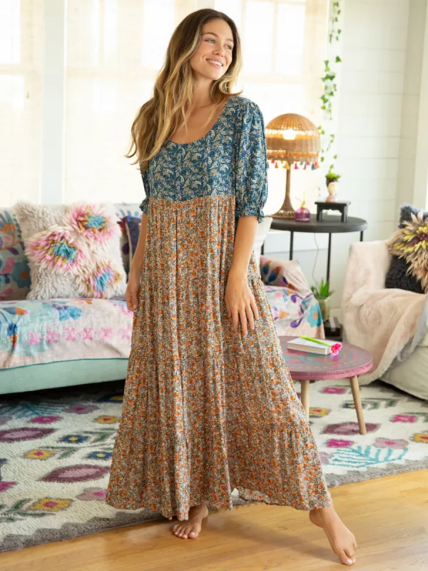 Collette Tiered Maxi Dress - Blue Orange Mix Print made by NATURAL LIFE
