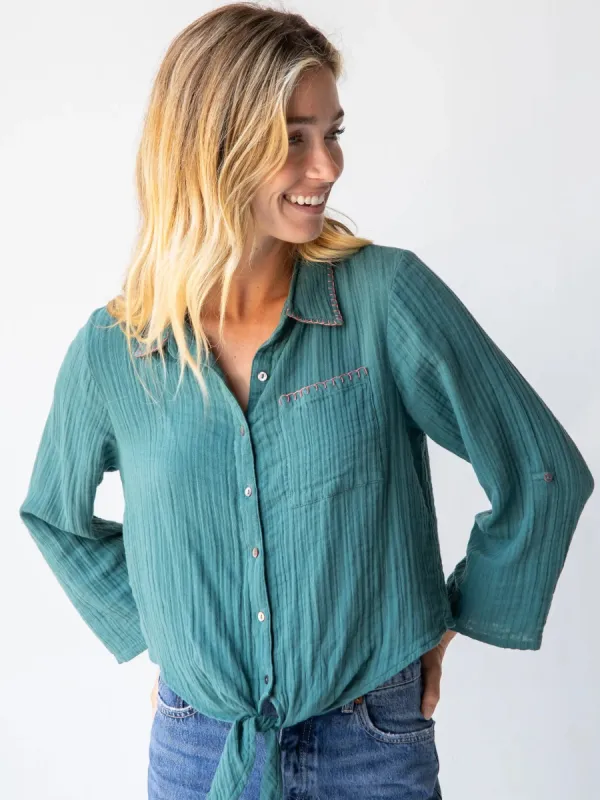 Lola Tie Button Down - Teal sold by NATURAL LIFE
