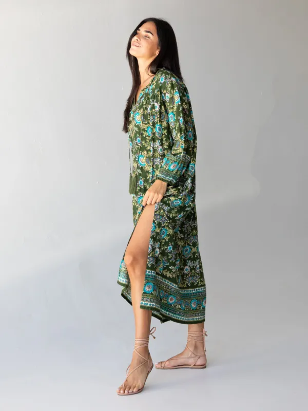 Dara Woven Maxi Dress - Olive Floral Border sold by NATURAL LIFE
