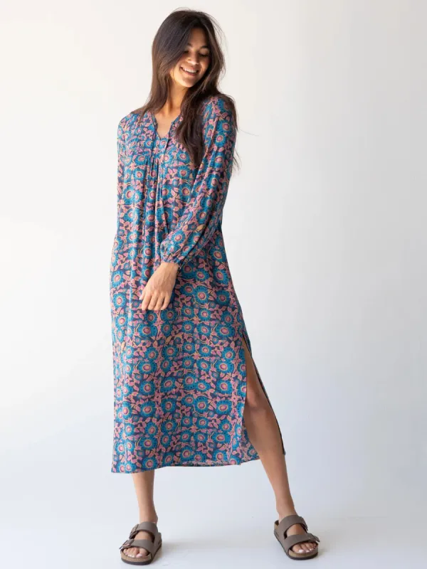 Rowan Side Slit Midi Dress - Teal Dahlias sold by NATURAL LIFE