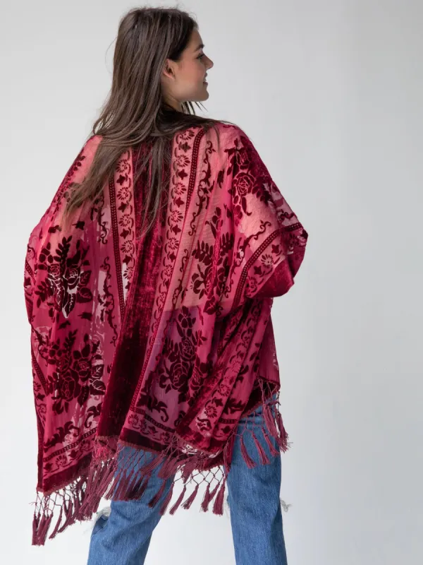 Velvet Burnout Fringe Kimono - Cranberry sold by NATURAL LIFE