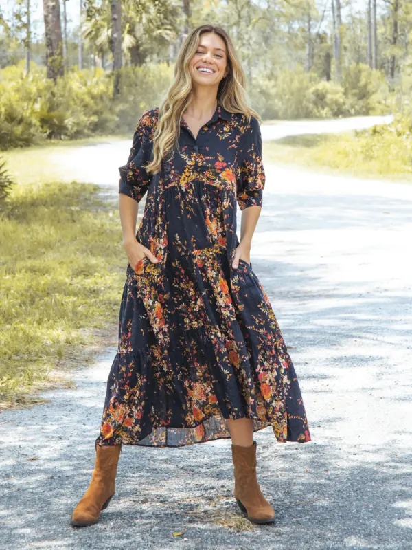 Rebecca Tiered Dress - Navy Red Bouquets sold by NATURAL LIFE