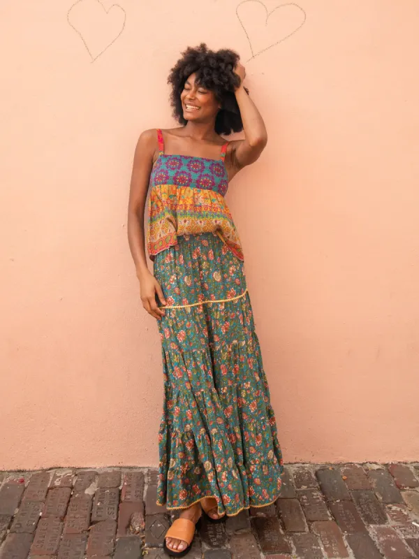 Gabi Tiered Maxi Skirt - Teal Red Floral sold by NATURAL LIFE