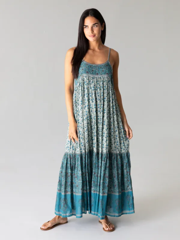 Journey Boho Maxi Dress Teal - Floral Border sold by NATURAL LIFE