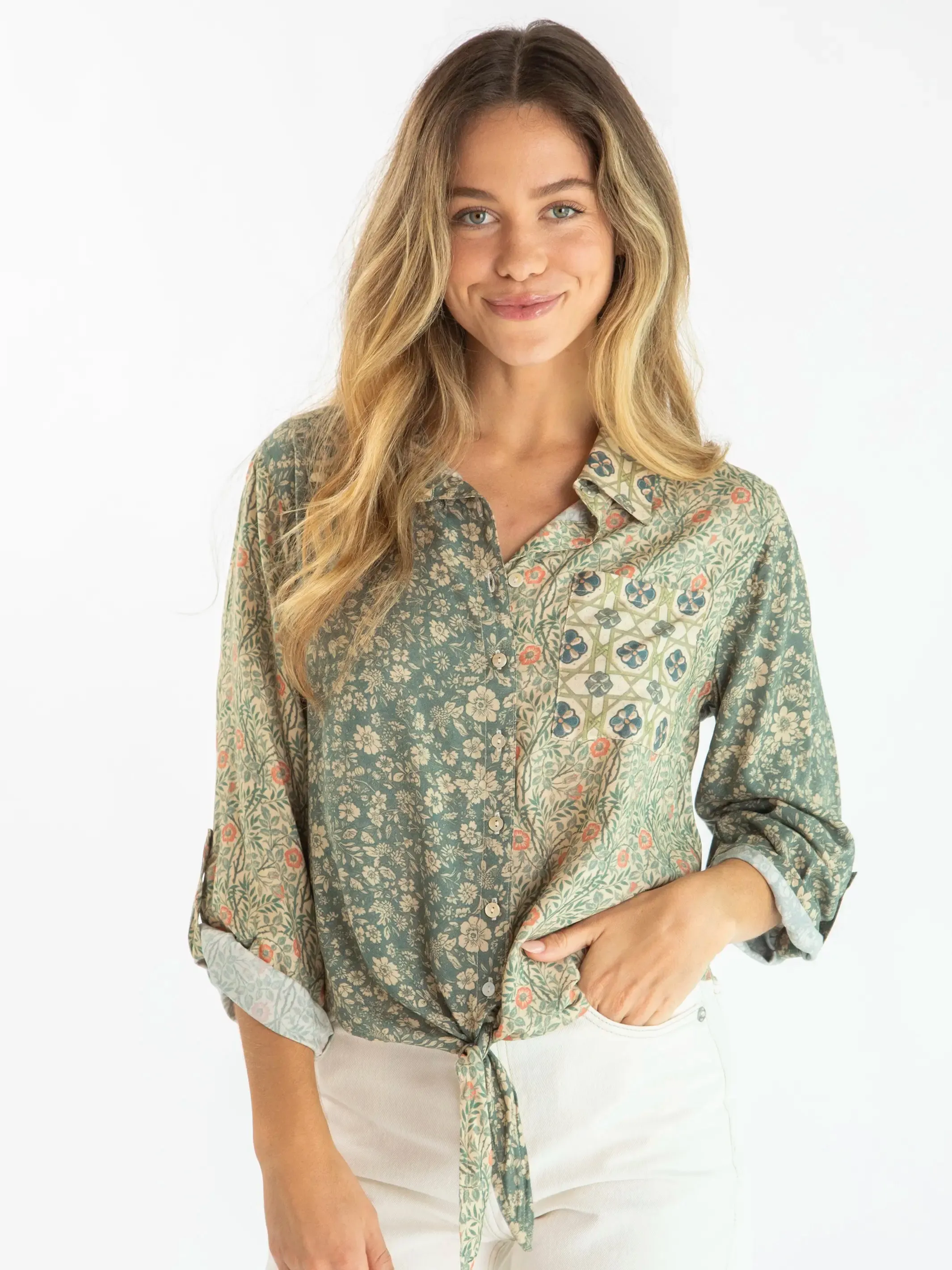 Lola Tie Button Down - Cream Sage Mixed Floral sold by NATURAL LIFE