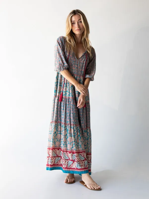 Auguste Boho Maxi Dress - Turquoise Red Floral sold by NATURAL LIFE