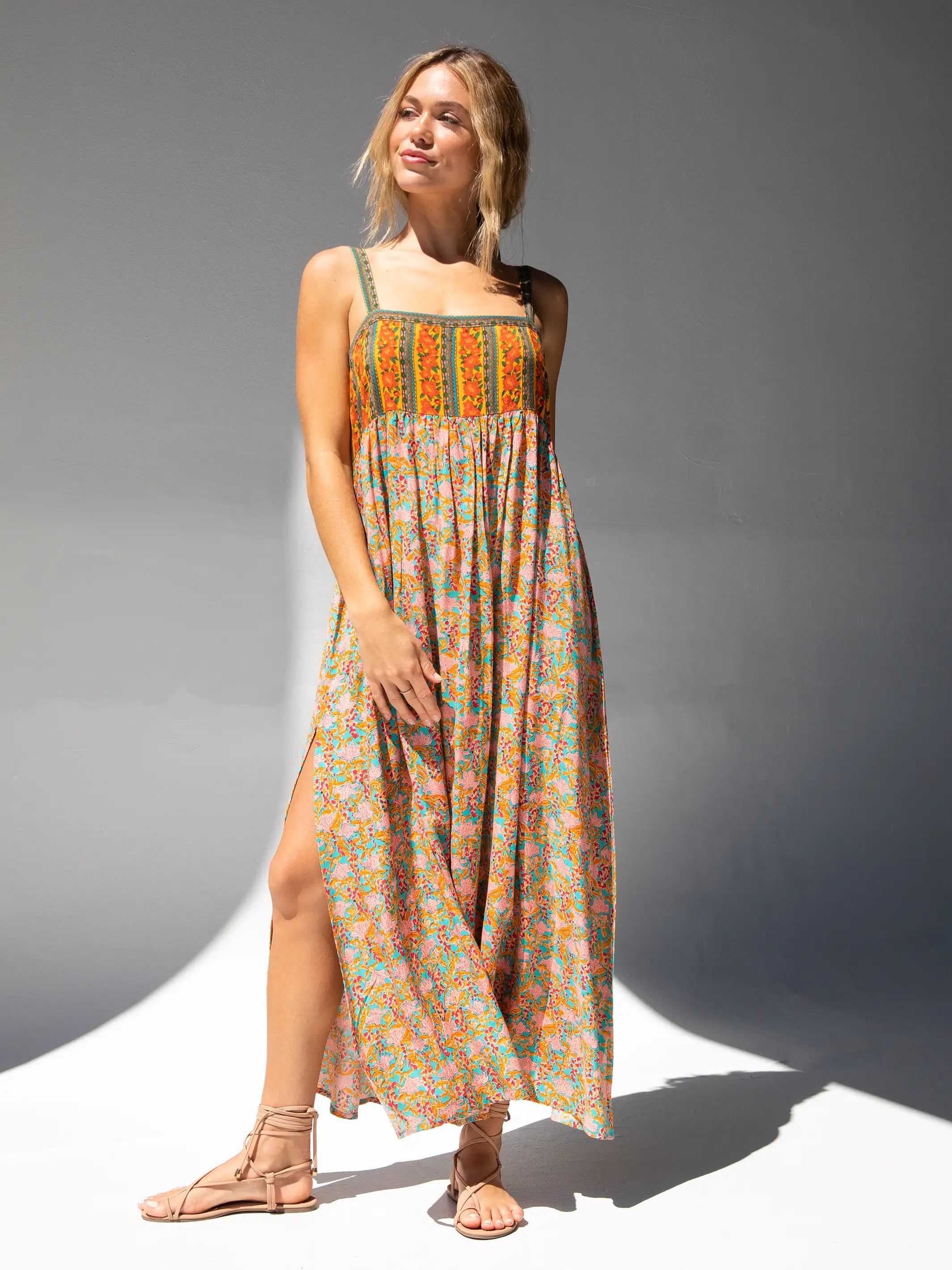 Patti Side Slit Maxi Dress - Turquoise Orange Mixed Print sold by NATURAL LIFE