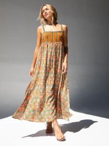 Patti Side Slit Maxi Dress - Turquoise Orange Mixed Print sold by NATURAL LIFE