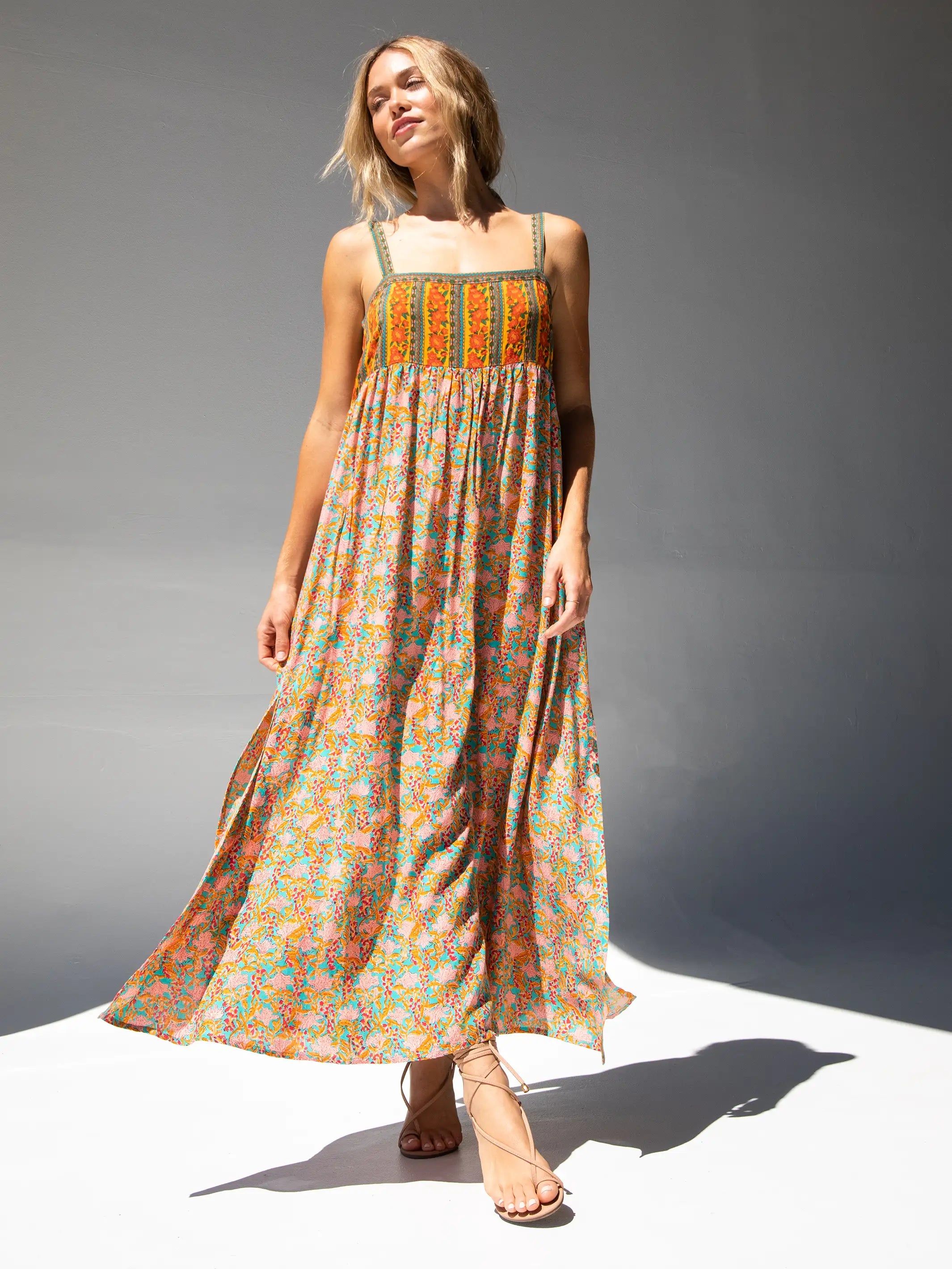 Patti Side Slit Maxi Dress - Turquoise Orange Mixed Print sold by NATURAL LIFE product image thumbnail 4