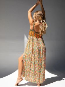 Patti Side Slit Maxi Dress - Turquoise Orange Mixed Print sold by NATURAL LIFE