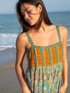 Patti Side Slit Maxi Dress - Turquoise Orange Mixed Print sold by NATURAL LIFE