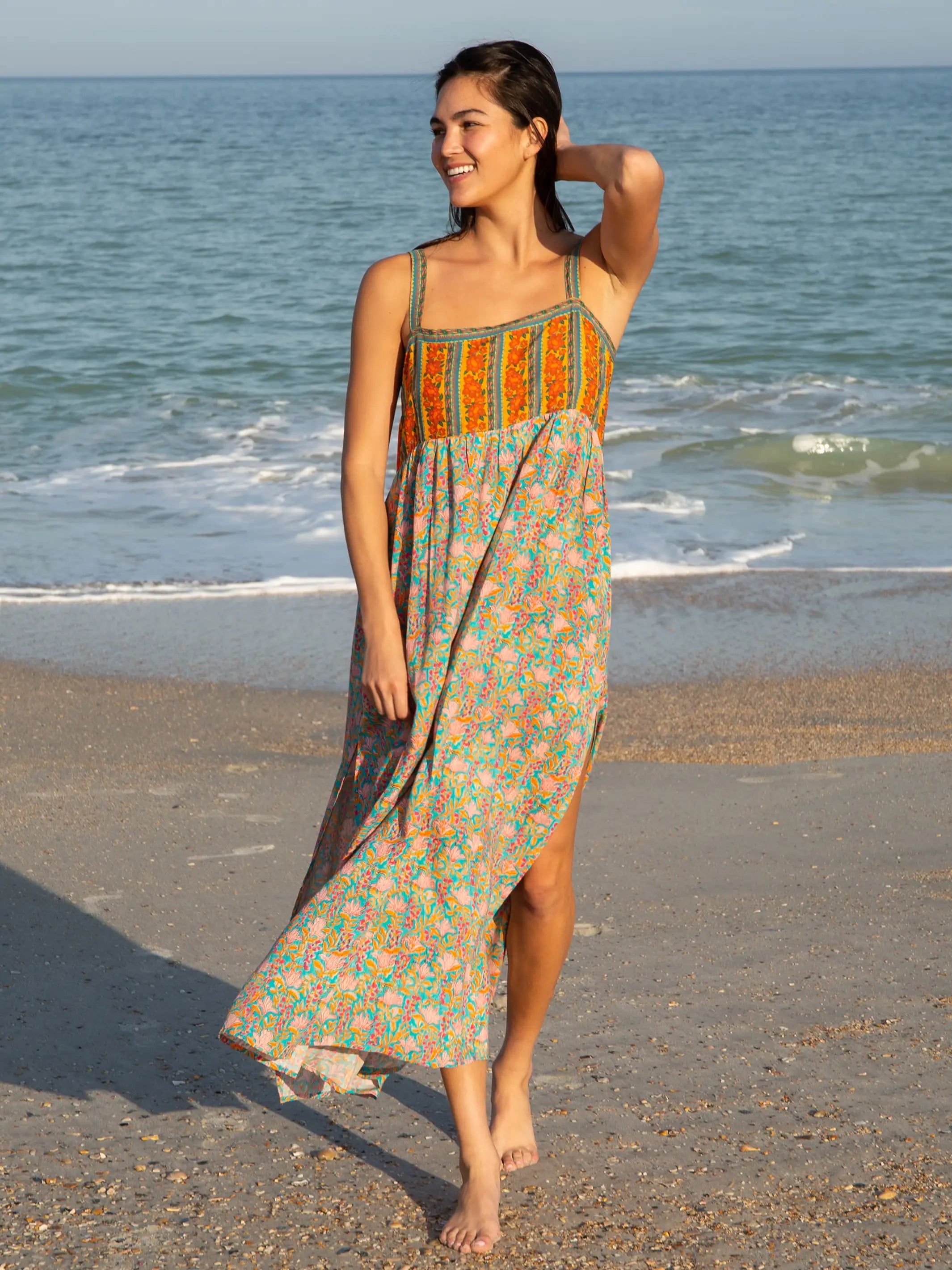 Patti Side Slit Maxi Dress - Turquoise Orange Mixed Print sold by NATURAL LIFE product image thumbnail 3