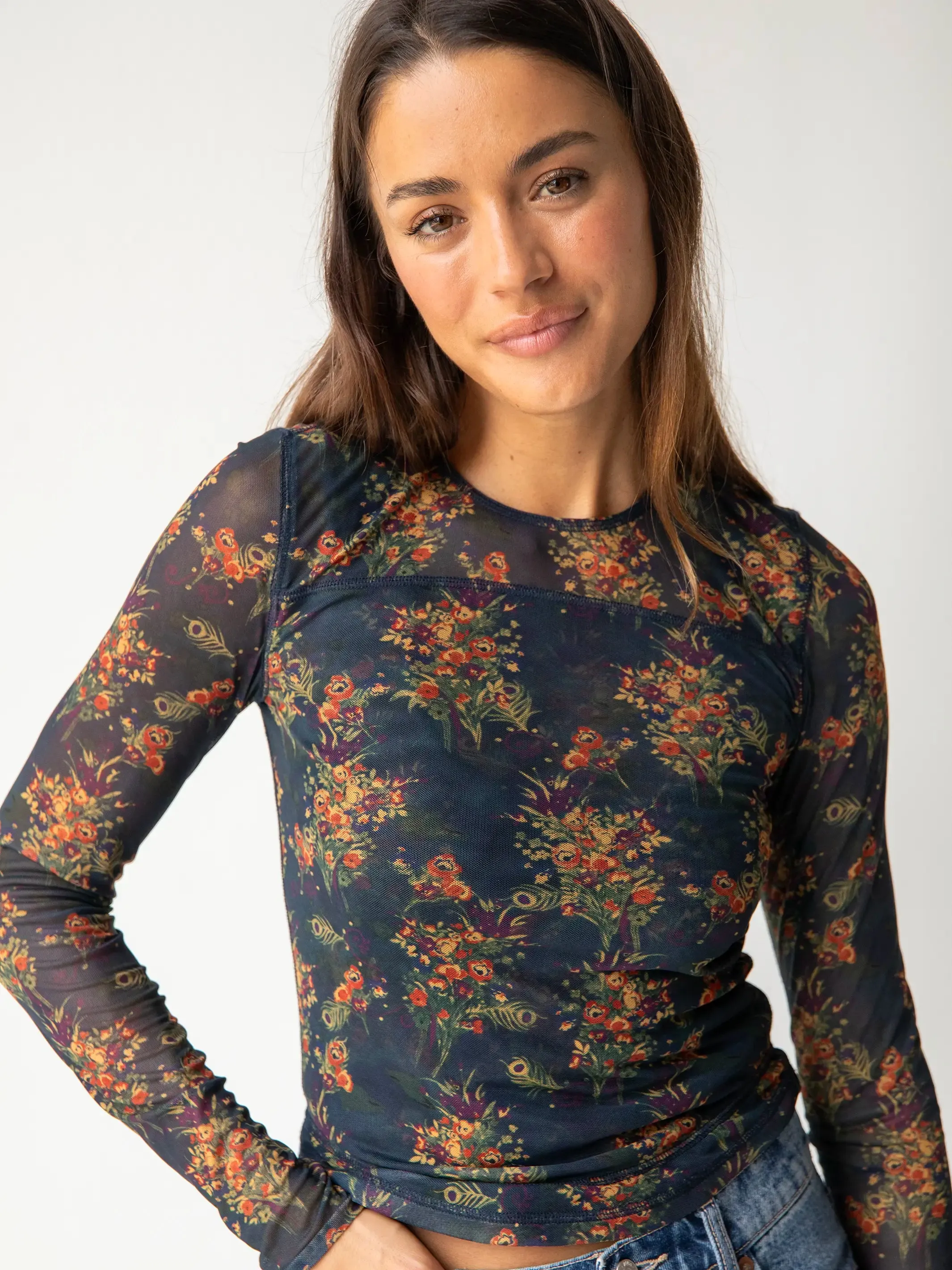 Sloane Mesh Long Sleeve Top - Navy Red Feathers sold by NATURAL LIFE product image thumbnail 5