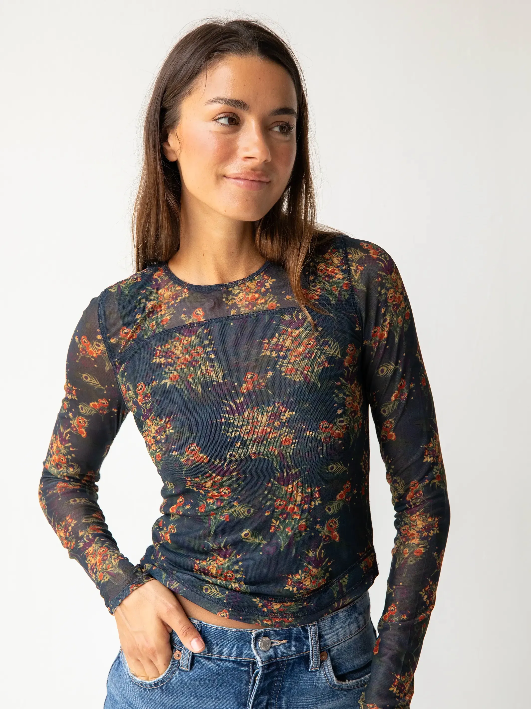 Sloane Mesh Long Sleeve Top - Navy Red Feathers sold by NATURAL LIFE