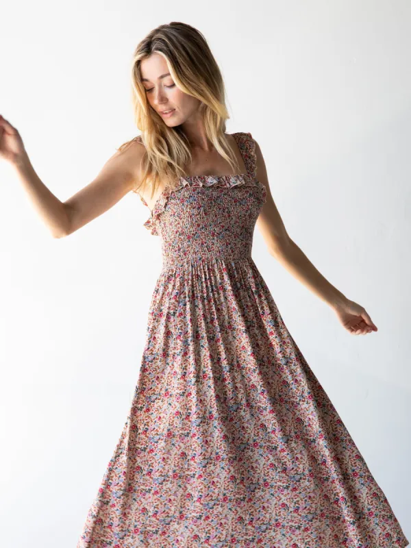 Megan Smocked Midi Dress - Cream Pink Floral sold by NATURAL LIFE
