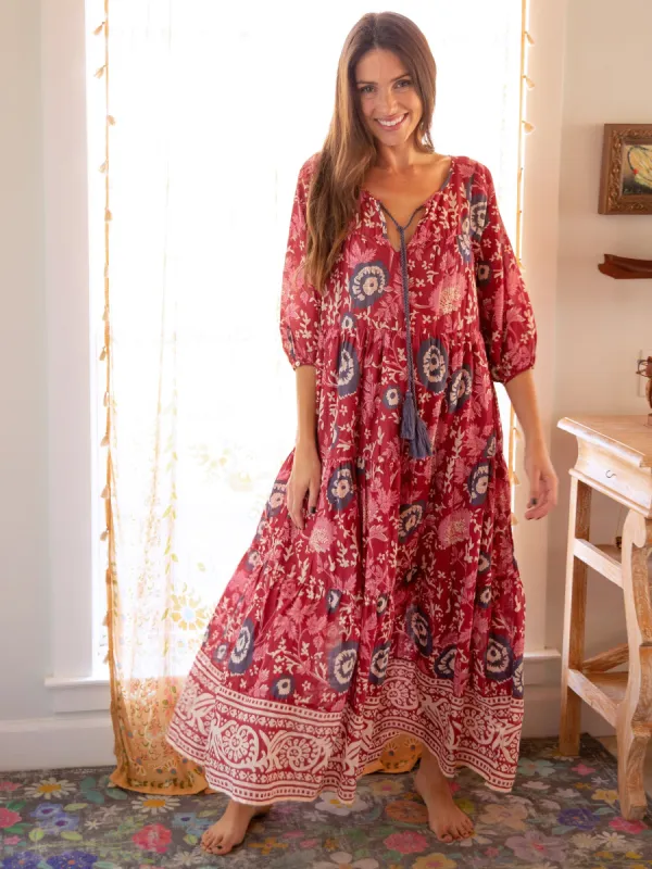 Auguste Boho Maxi Dress - Red Pink Border sold by NATURAL LIFE