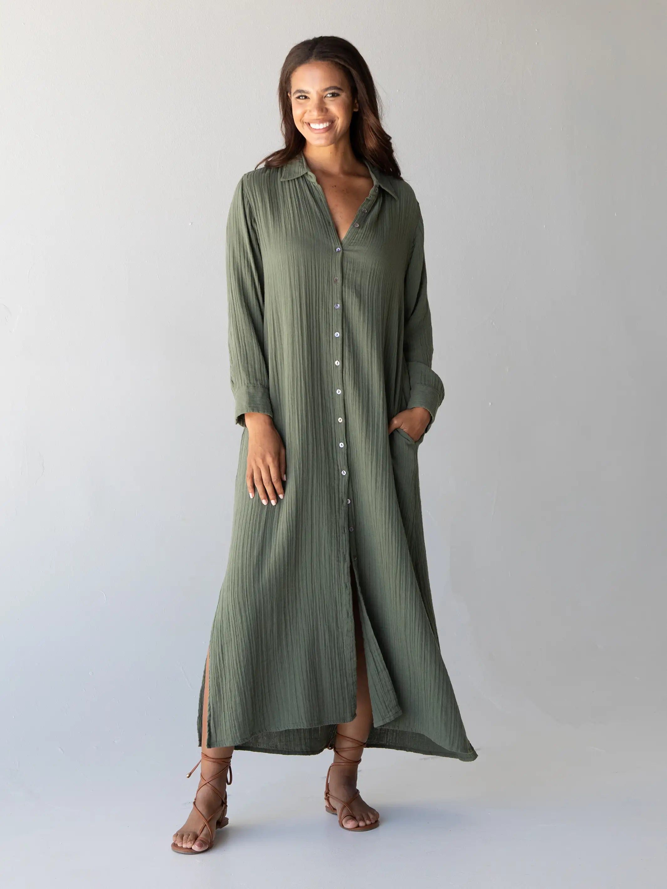 Drew Gauze Shirt Dress - Olive sold by NATURAL LIFE product image thumbnail 3
