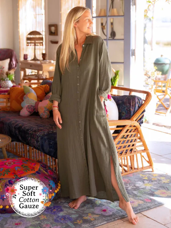 Drew Gauze Shirt Dress - Olive sold by NATURAL LIFE