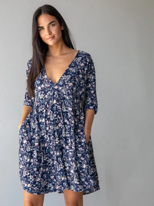 Stella V-Neck Dress - Navy Tan Floral sold by NATURAL LIFE