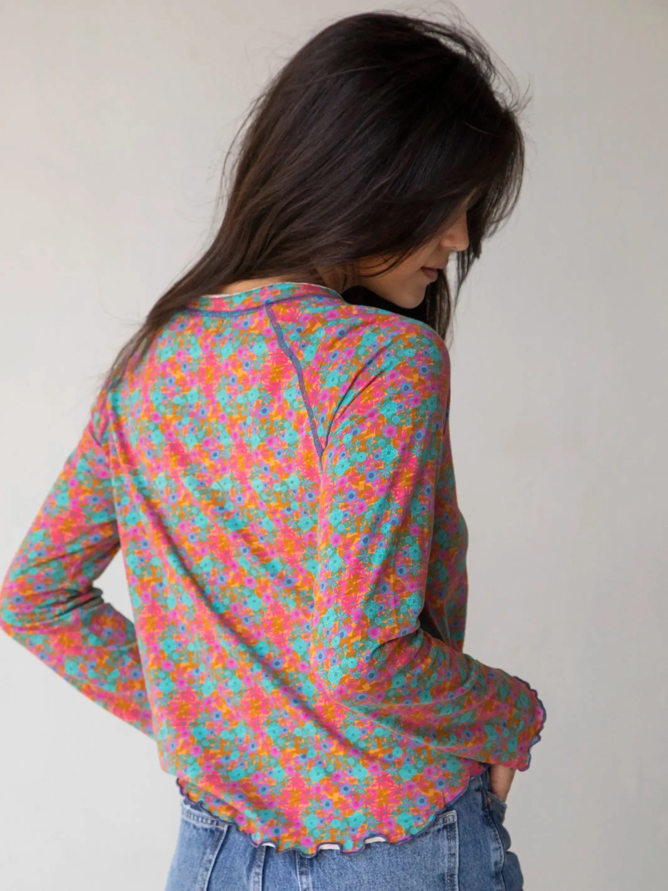 Lily Knit Cotton Long Sleeve Tee Shirt - Turquoise Pink Purple Floral sold by NATURAL LIFE product image thumbnail 3