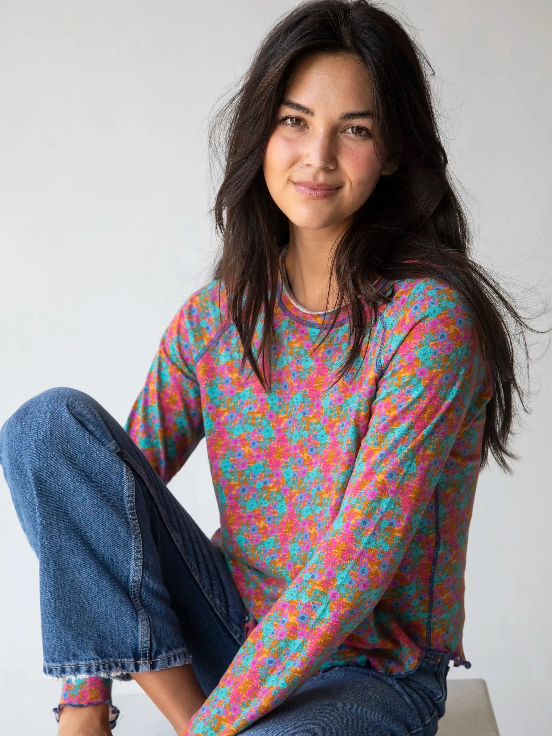 Lily Knit Cotton Long Sleeve Tee Shirt - Turquoise Pink Purple Floral sold by NATURAL LIFE