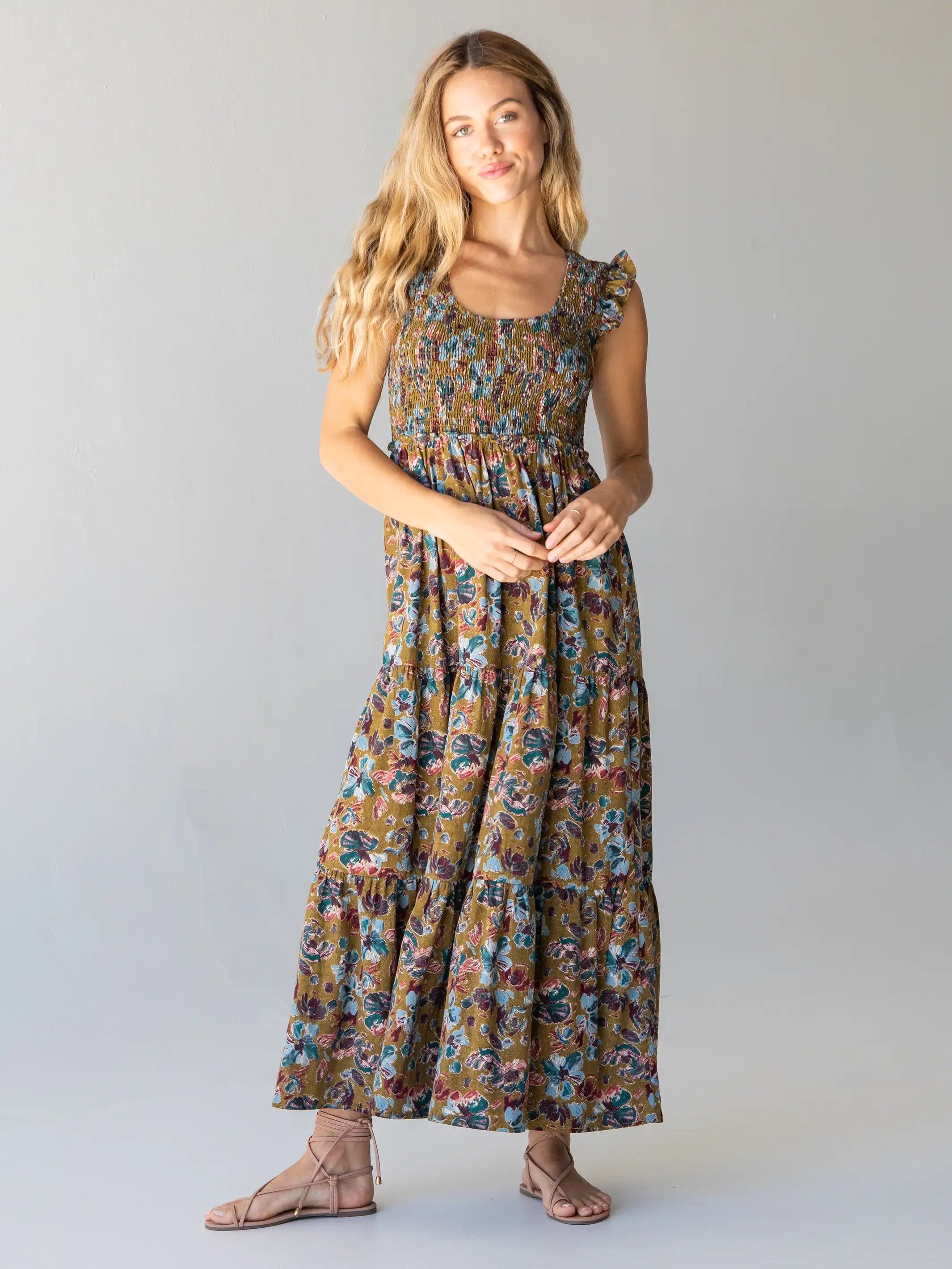 Olivia Smocked Maxi Dress - Olive Floral sold by NATURAL LIFE product image thumbnail 2