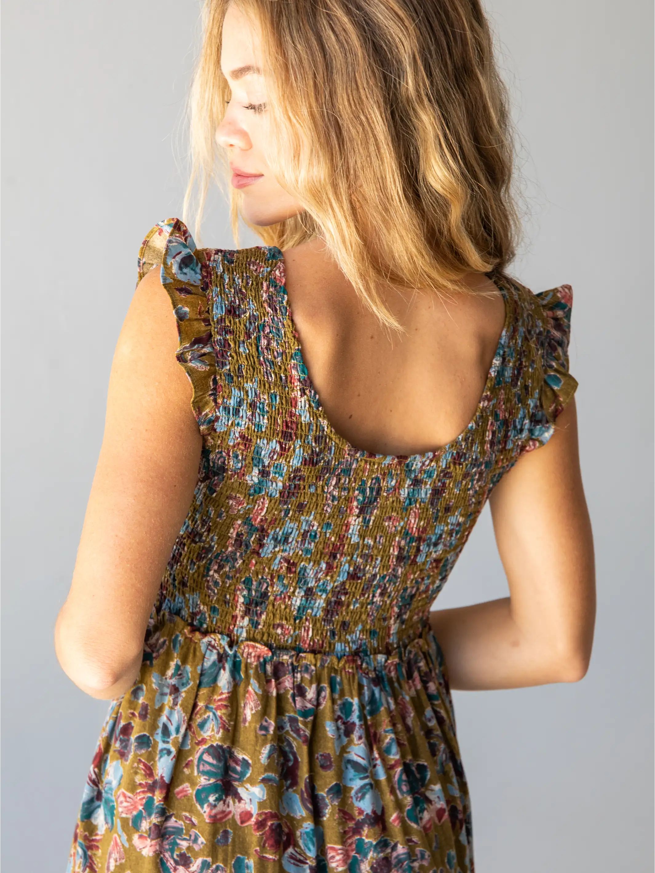 Olivia Smocked Maxi Dress - Olive Floral sold by NATURAL LIFE product image thumbnail 3
