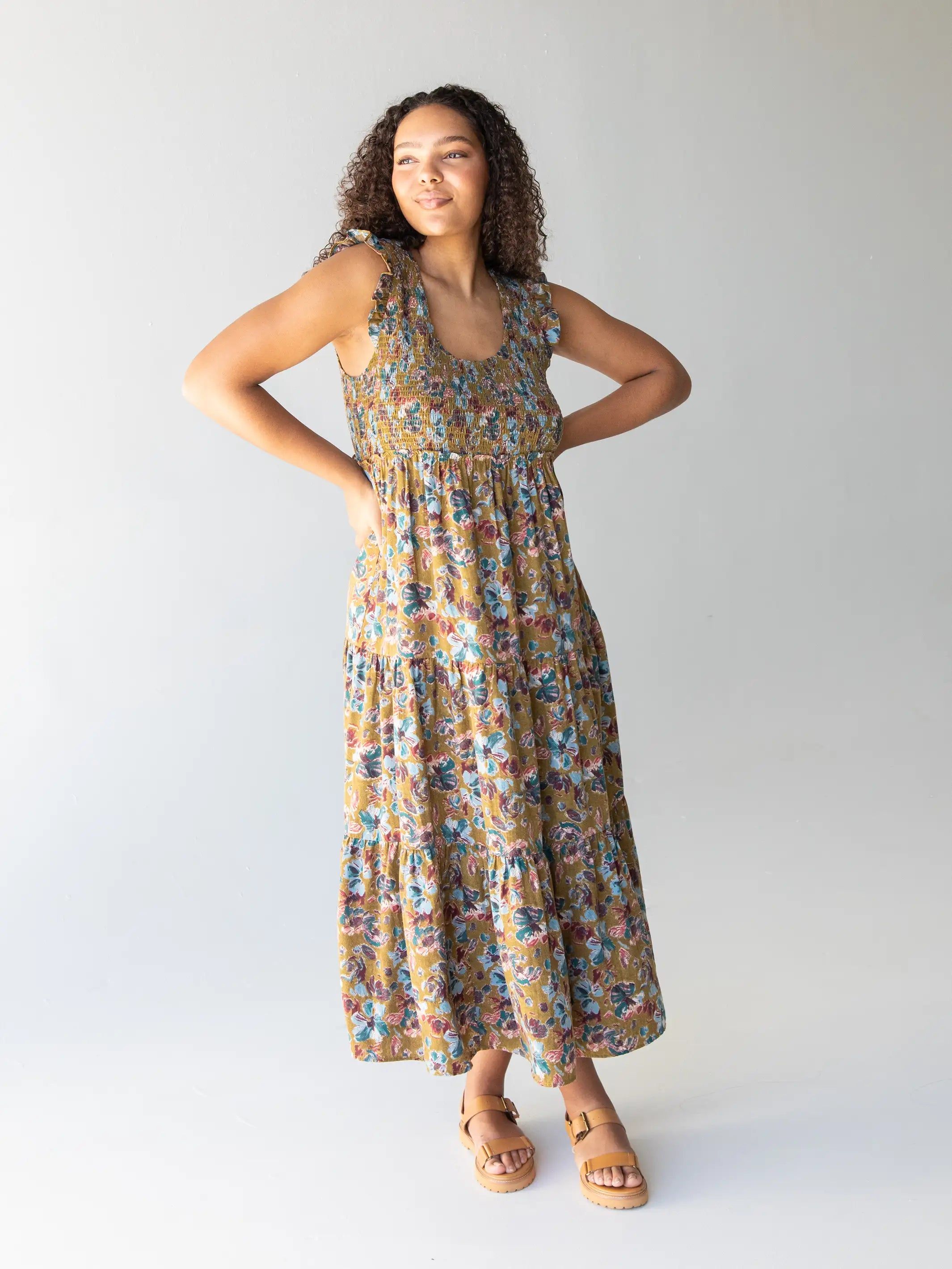 Olivia Smocked Maxi Dress - Olive Floral sold by NATURAL LIFE product image thumbnail 4