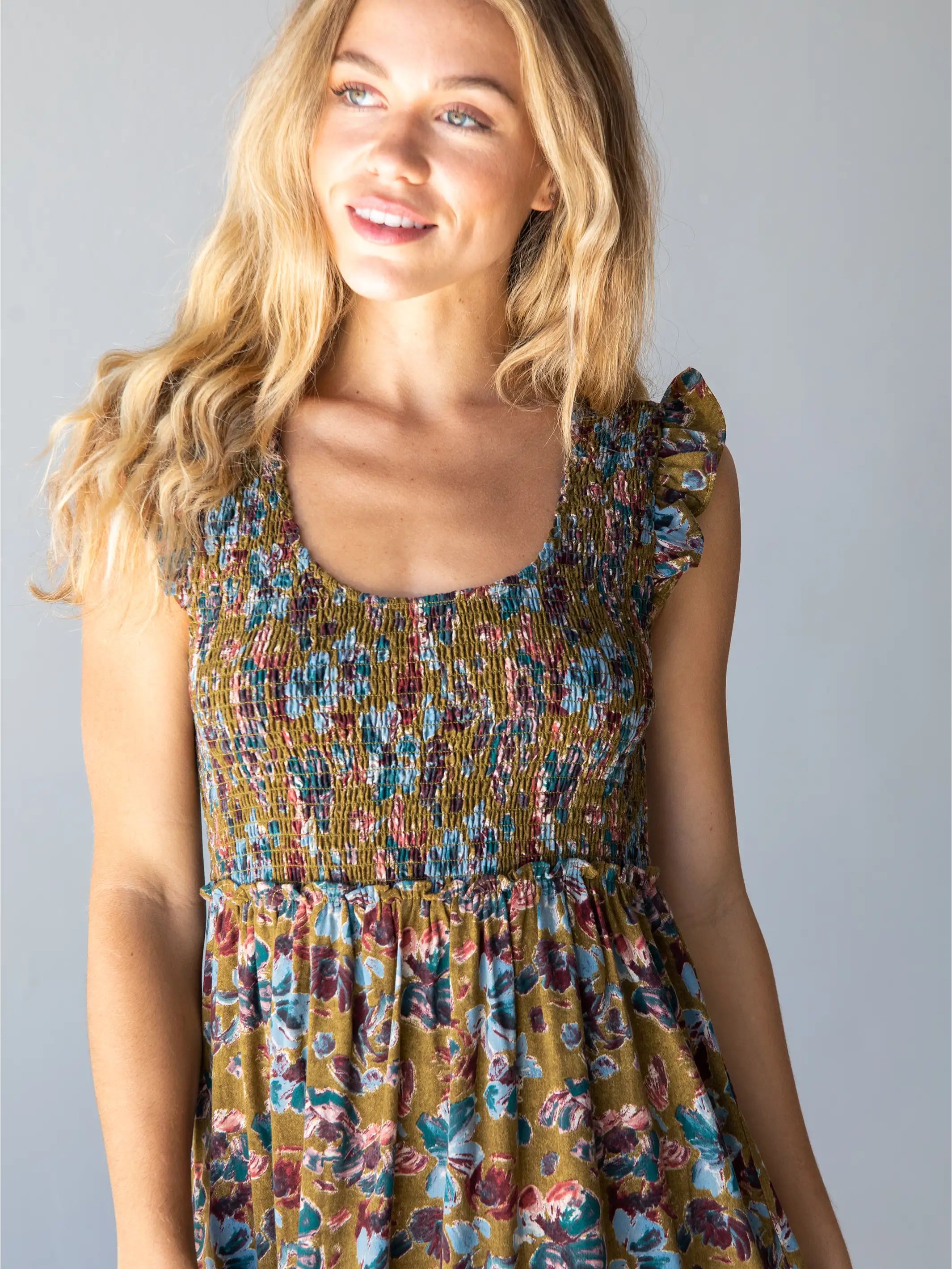 Olivia Smocked Maxi Dress - Olive Floral sold by NATURAL LIFE