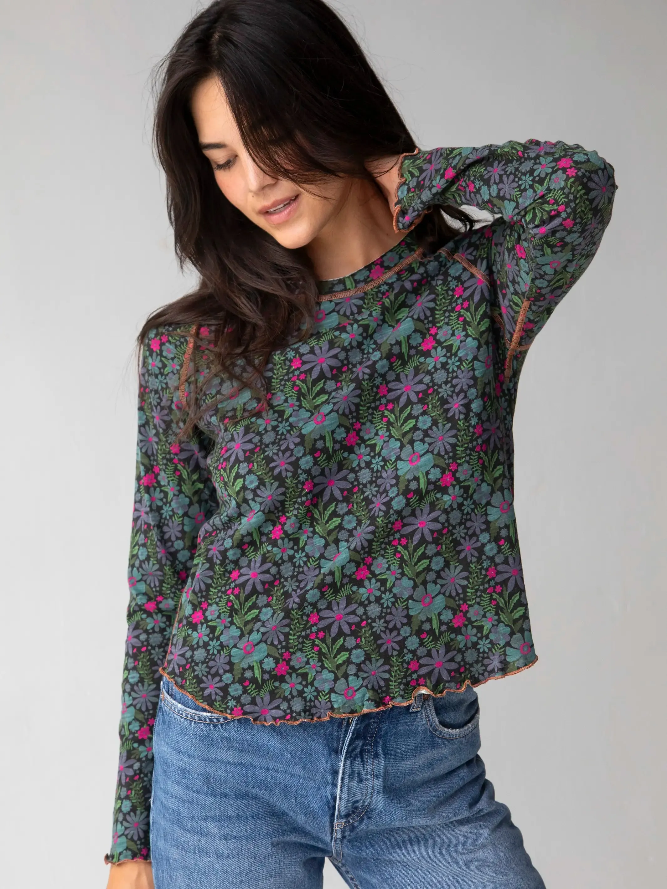 Lily Knit Cotton Long Sleeve Tee Shirt - Dark Blue Garden sold by NATURAL LIFE product image thumbnail 2