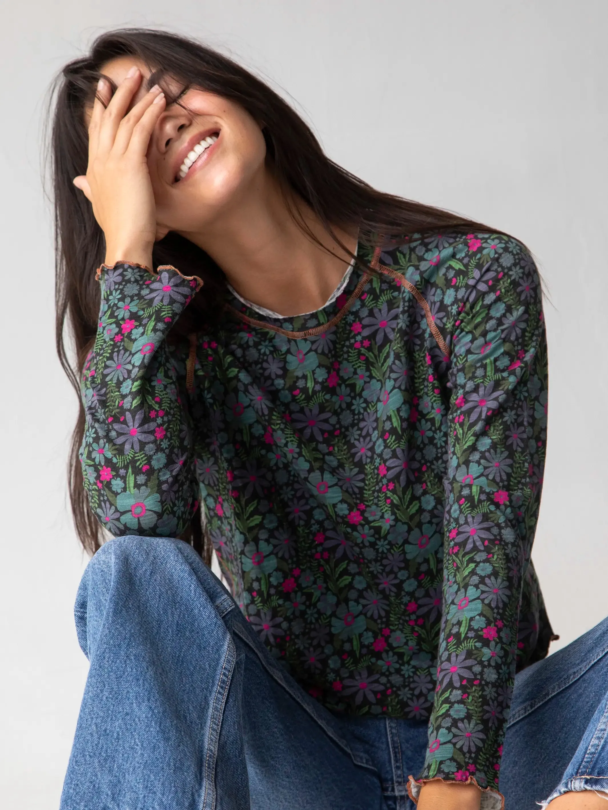 Lily Knit Cotton Long Sleeve Tee Shirt - Dark Blue Garden sold by NATURAL LIFE