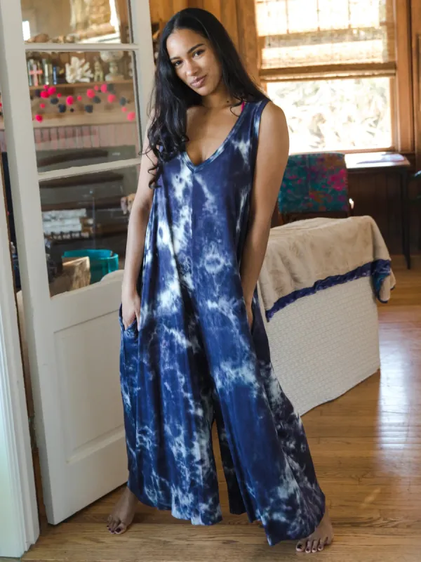 Knit V-Neck Jumpsuit - Midnight Tie-Dye sold by NATURAL LIFE