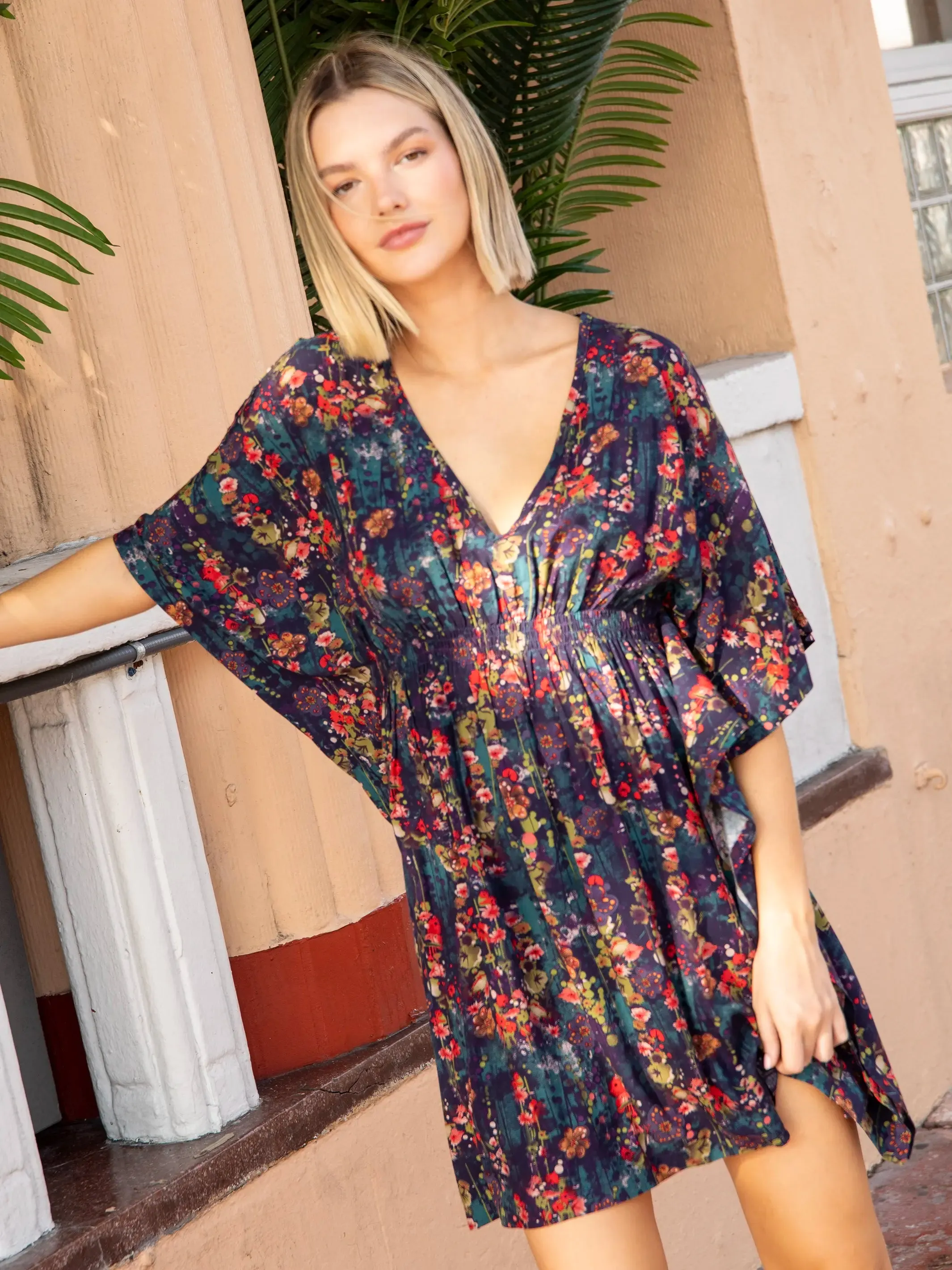 Sanibel Kaftan Mini Dress - Watercolor Indigo Floral sold by NATURAL LIFE