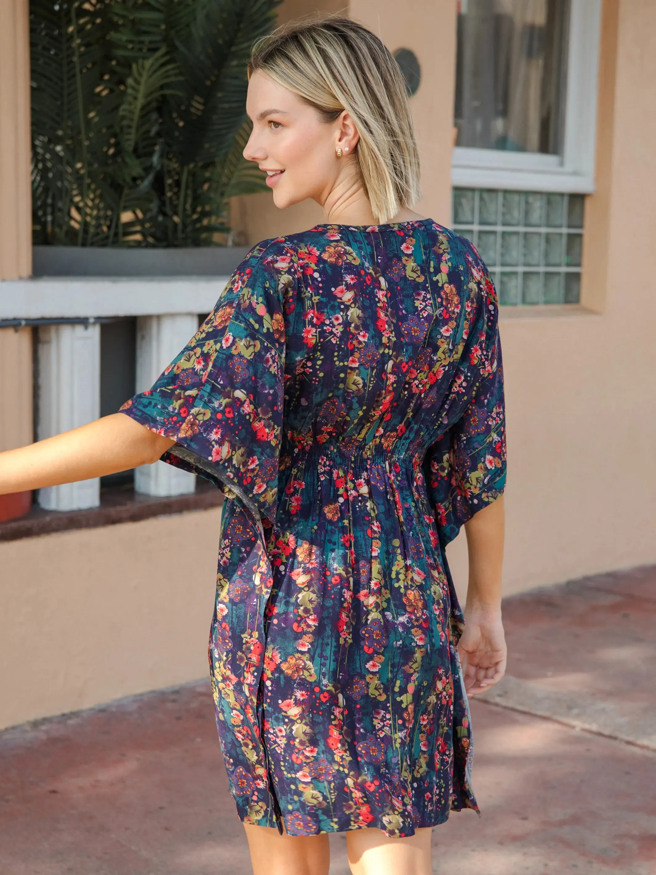 Sanibel Kaftan Mini Dress - Watercolor Indigo Floral sold by NATURAL LIFE product image thumbnail 3