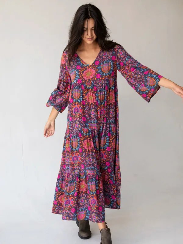 Charlotte Midi Dress - Black Printed Folk Circles sold by NATURAL LIFE