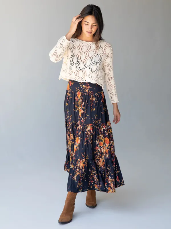 Hanna Convertible Maxi Skirt - Navy Red Bouquets sold by NATURAL LIFE
