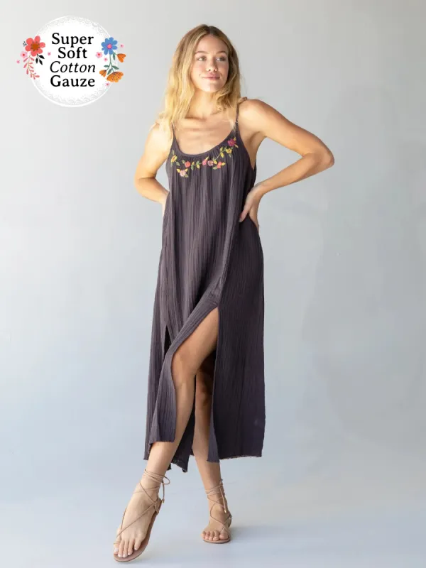 Cosette Embroidered Cotton Maxi Dress - Charcoal sold by NATURAL LIFE