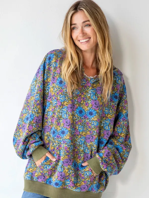 Oversized Printed Sweatshirt - Blue Rose Purple Daisy sold by NATURAL LIFE