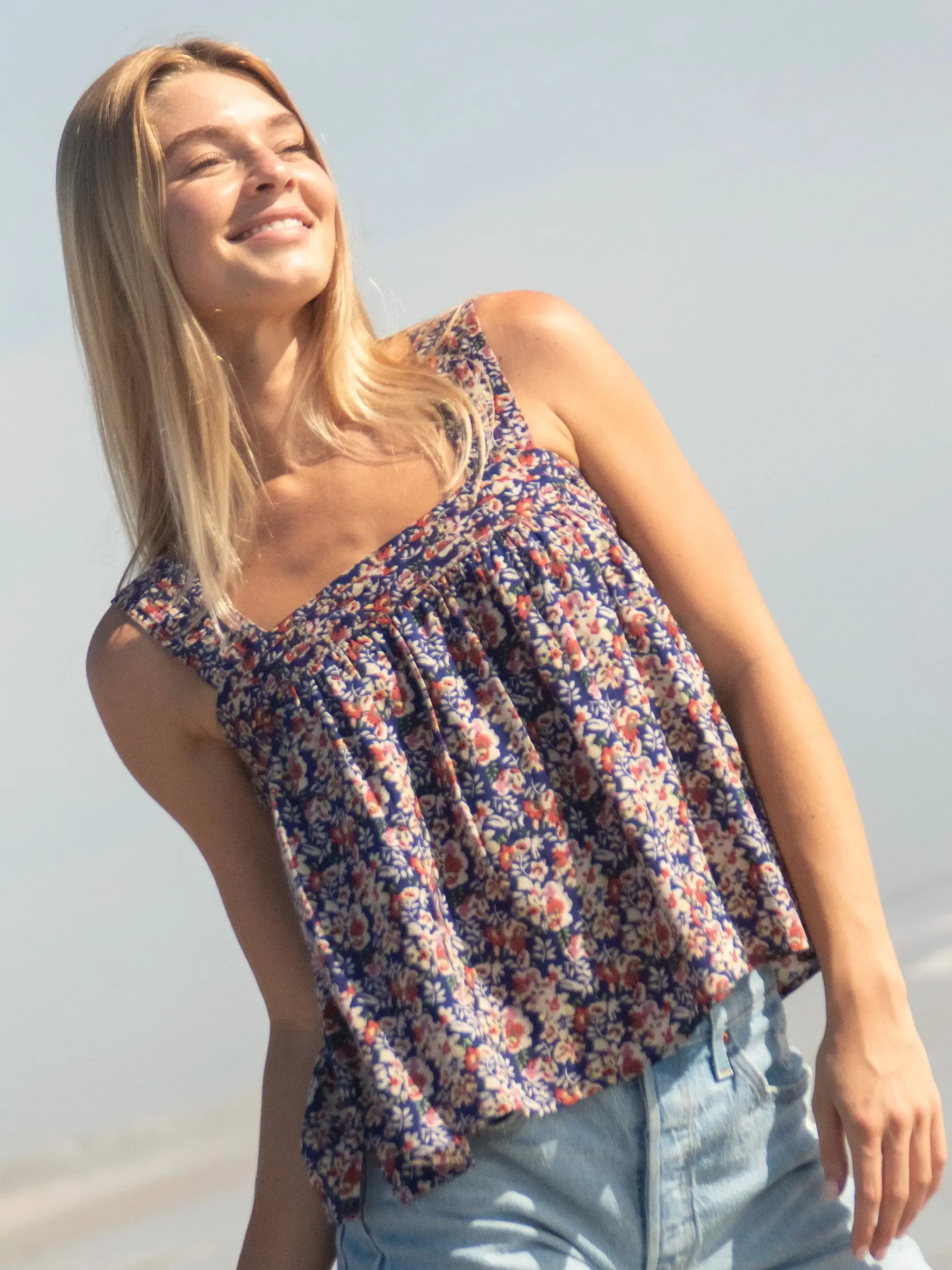 Kate Pleated Tank Top - Red Blue Floral sold by NATURAL LIFE product image thumbnail 5