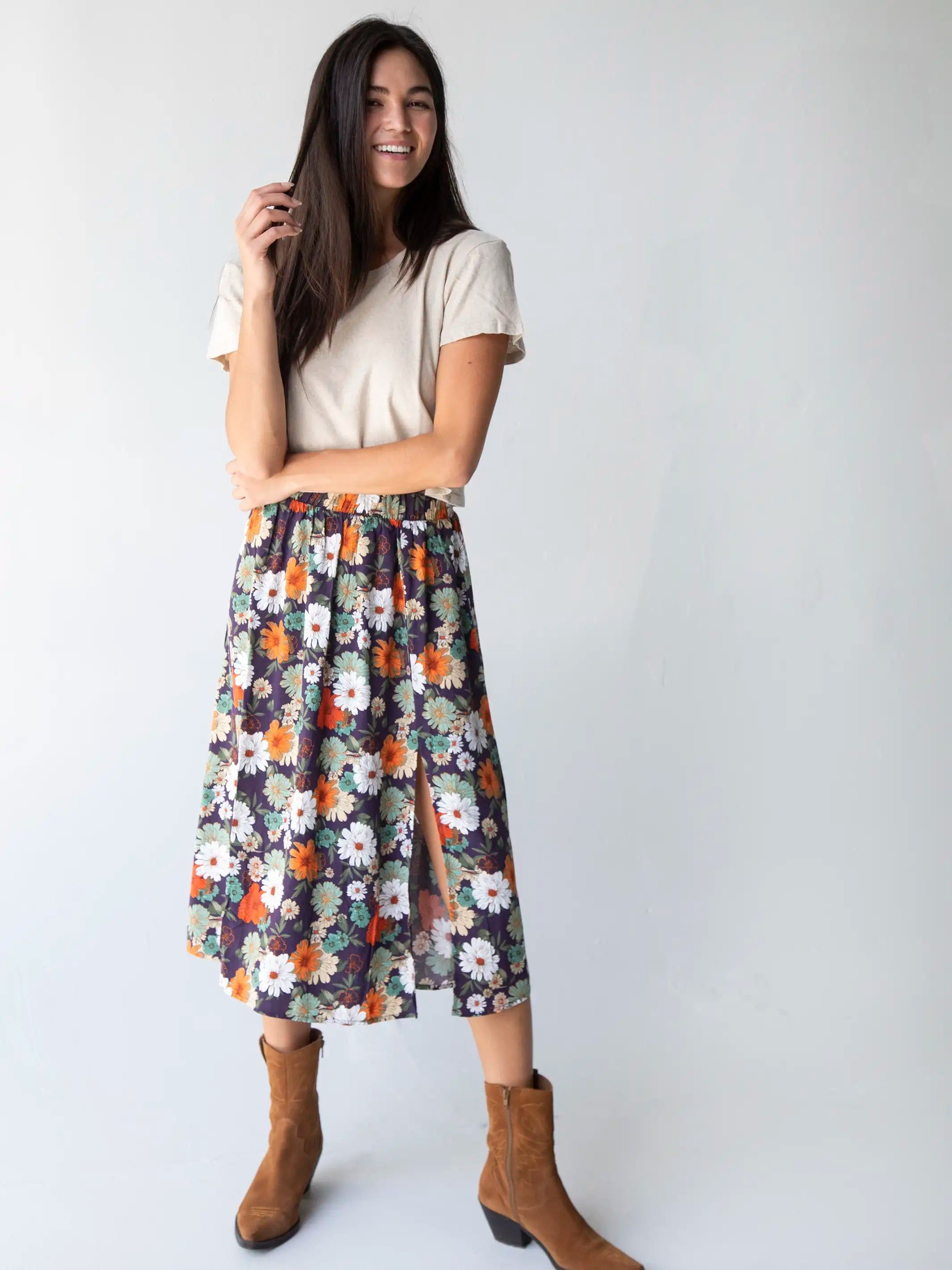 Betsy Midi Skirt - Orange Purple Daisies sold by NATURAL LIFE product image thumbnail 3